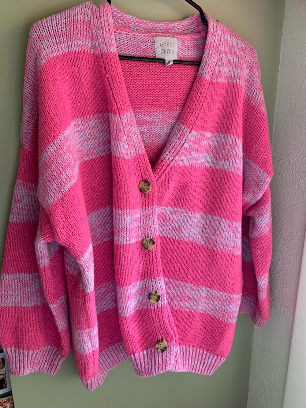 Pink Striped V-Neck Button Cardigan Sweater